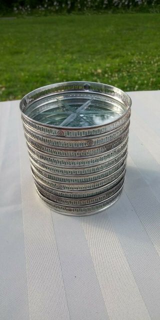 Vintage Set Of 10 Sterling Silver & Glass Coasters.