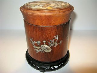 Chinese Wood Tea Caddy,  Powder Box,  Round Trinket Box,  Mother Of Pearl Inlay