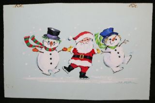 Santa Skating Snowman Christmas Greeting Card Painted Art Bob Hessler