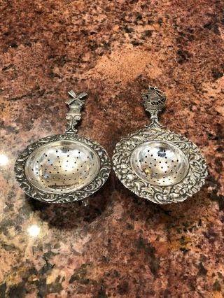 2 Antique Dutch Silver Plated Tea Strainers