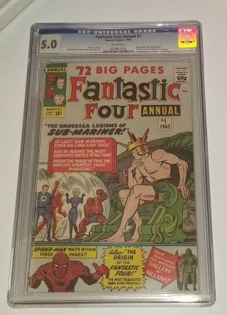 Fantastic Four Annual 1 Cgc 5.  0 White Pgs 1963 Early Spider - Man 1st Lady Dorma