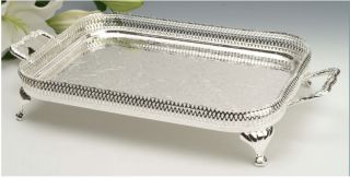 Vintage Silver Plated Oblong Gallery Tray With Legs And Handles - Gift -