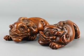 Chinese Exquisite Hand - Carved Boxwood Brave Troops Statue A Pair