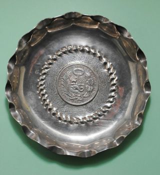 Vintage Peru Sterling Silver Ash Tray Has 1915 9 Decimos Coin,  4 - 3/4 " W 93 Grams