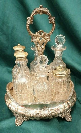 Antique Ornate German Plated Silver Glass 6 Piece Condiment Set Stk201