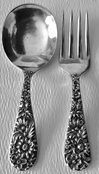 Antique S Kirk &son Sterling Silver Floral Repousse Childs Baby Fork Spoon Set