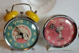 Two Vintage Peanuts Snoopy Wind Up Alarm Clocks By Equity