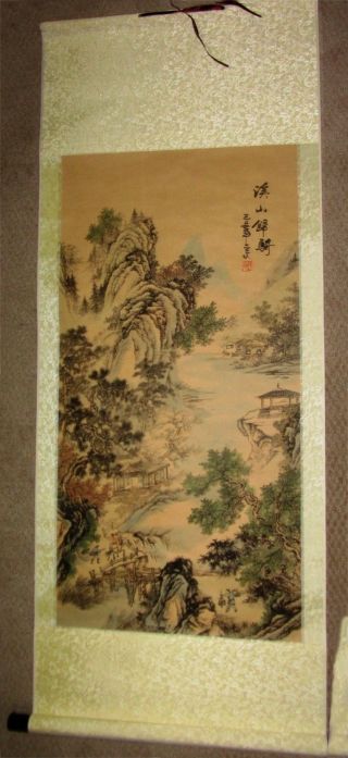 Asian Oriental Chinese Scroll Painting Scenery Of Mountains (large) Signed