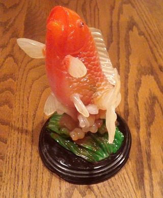Vintage Orange Koi Fish Statue On Pedestal Hand Crafted