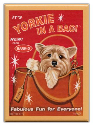 Retro Dogs Refrigerator Magnets: Yorkie | In A Bag | Vintage Advertising Art