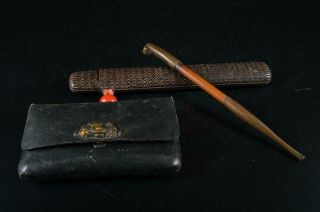 G8721: Japanese Leather Copper Kiseru Smoking Pipe Case,  Tabacco,  Smoking Tool