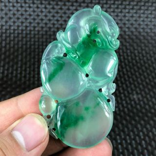 Collectible Chinese Handwork Ice Green Jadeite Jade Rare Pi Xiu & Gourd Pendant