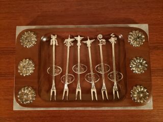 Nazca Lines Set Of 6 Sterling Silver.  925 Forks On Teak Board - Peru -