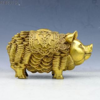 Chinese Antique Handmade Brass Statue Fengshui Lucky Chinese Zodiac Pig Coin