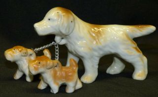 Vtg Set Of 3 St Bernard Dog Figurines Mom & 2 Pups Puppies On Chain Porcelain