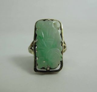 Antique Chinese Silver & 23 X 12 - Mm Carved Green Jadeite Adjustable Ring