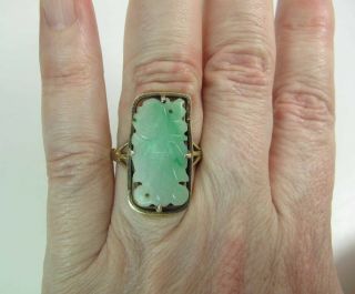 Antique Chinese Silver & 23 x 12 - mm Carved Green Jadeite Adjustable Ring 2