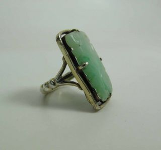 Antique Chinese Silver & 23 x 12 - mm Carved Green Jadeite Adjustable Ring 3