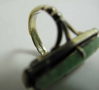 Antique Chinese Silver & 23 x 12 - mm Carved Green Jadeite Adjustable Ring 7