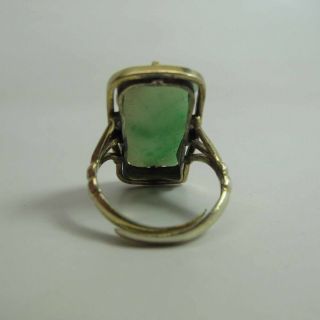 Antique Chinese Silver & 23 x 12 - mm Carved Green Jadeite Adjustable Ring 8
