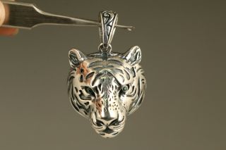 17g Fine Silver 925 Hand Carved Tiger Head Statue Pendant Netsuke