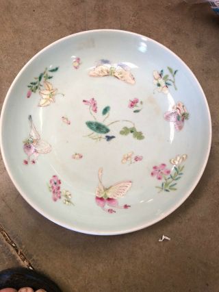 Antique Chinese Porcelain Celadon Plate With Butterfly Flowers Decoration