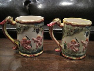 2 Antique Porcelain Mugs Cups Cherubs Angels Japan Hand Painted