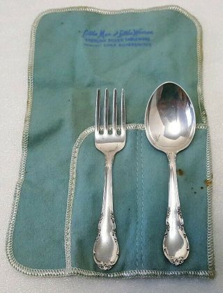 Vintage Lunt Modern Victorian Sterling Silver Baby Fork And Spoon Set With Bag