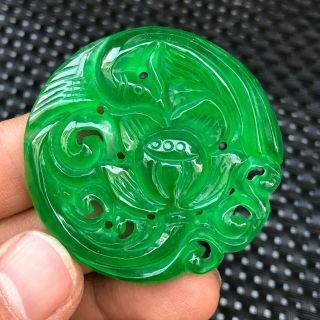 Chinese Rare Collectible Green Jadeite Jade Carved Lotus & Bird Handwork Pendant