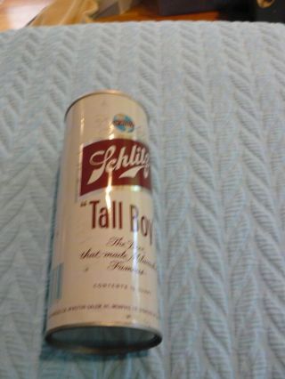 White/brown Schlitz " Tall Boy " Beer Can Pull - Tab Top Open 3/4 Quart Empty Steel