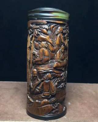 Old Boxwood Handwork Carving Landscape & Man Collectable Lucky Emboss Pot & Box