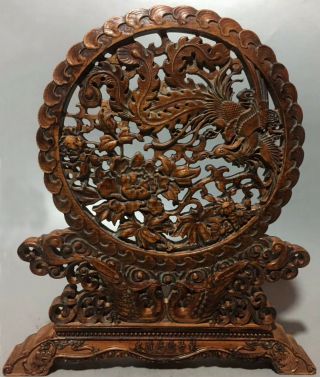 Qianlong Year Antique Boxwood Carve Myth Phenix And Blooming Flower Lucky Statue