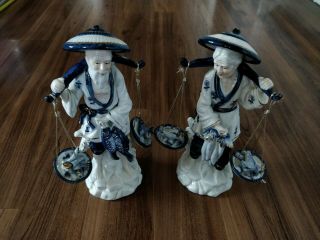Large Antique Chinese Pair Fisherman Chinese Blue White Porcelain Signed