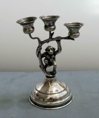 Antique 800 Silver Monkey In A Tree 3 - Light Small 3 & 3/4 " Candlelabra