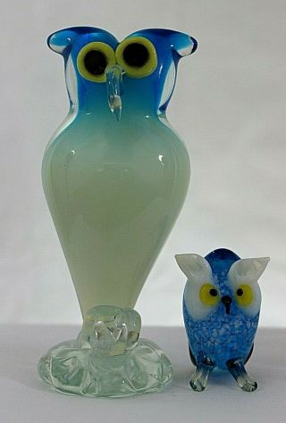Two Art Glass Owls,  Blue And White With Yellow Accents