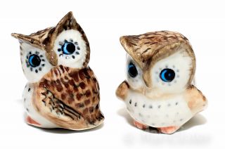 2 Brown Owl Bird Ceramic Animal Figurine Miniature Statue - Kb1 - 005