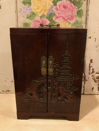 Tall Antique Vintage Wooden Hand Carved Jewelry Box Taiwan Yaw Tay Factory