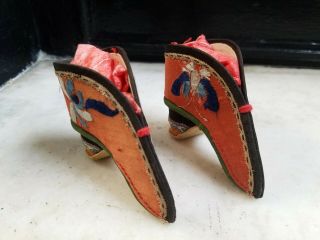 Vintage Pair Chinese Bound Feet Lotus 3.  5” Shoes Handmade Silk Embroidery 5
