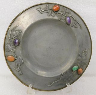 Antique Chinese Fine Etched Pewter Charger Plate W Stones Qing Dynasty Paktong