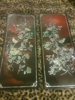 Antique Chinese Inlaid Mother Of Pearl Black Panels Set Of 2 Red W/ Birds Lovely