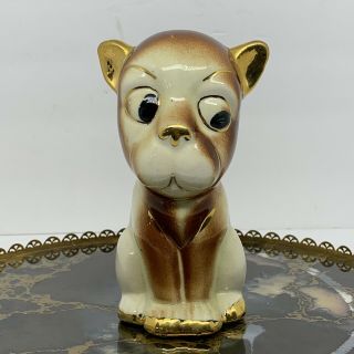 Vtg Big Eye Puppy Dog Figurine Brown Tan Gold 60s Japan Ceramic Mcm Retro