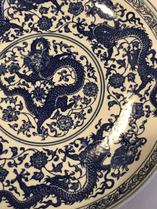 Stunning Large Antique Chinese Porcelain Blue And White Dragon Plate,