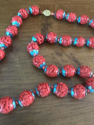 Antique Cinnabar Necklace With Blue Enamel