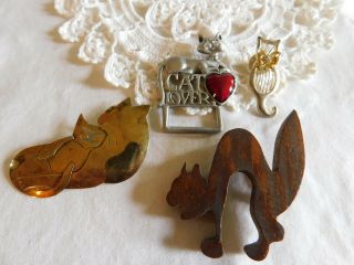 Set Of 4 Fashionable And Vintage Cat Pins Cat Lovers,  Brass,  Pewter,  Wood