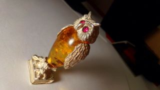 Vtg Sterling Silver Large Real Amber Ruby Stone Gem Wise Old Owl Figurine " Ps "