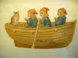 Cat Guides Row Boat Of Children Victorian Die - Cut Scrap From Scrapbook Chromo