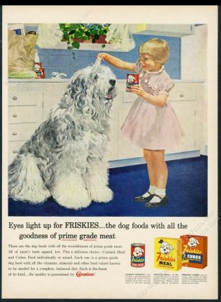 1958 Old English Sheepdog & Little Girl Art Friskies Dog Food Vintage Print Ad