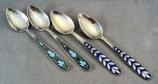 4 Vintage Sterling & Cloisonne Enamel Demitasse Spoons 875 & 916 Silver - Russia
