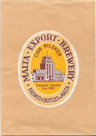 Vintage Beer Label Malta Export Brewery Cisk Pilsner Reg 1929