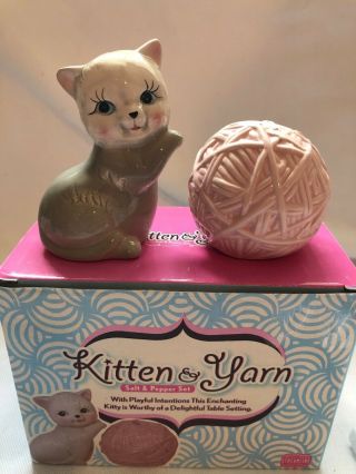Kitten & Yarn Salt & Pepper Shakers Collectible Cat With Pink Yarn
